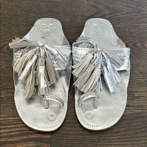 Metallic Silver Tassel Toe-Loop Sandals